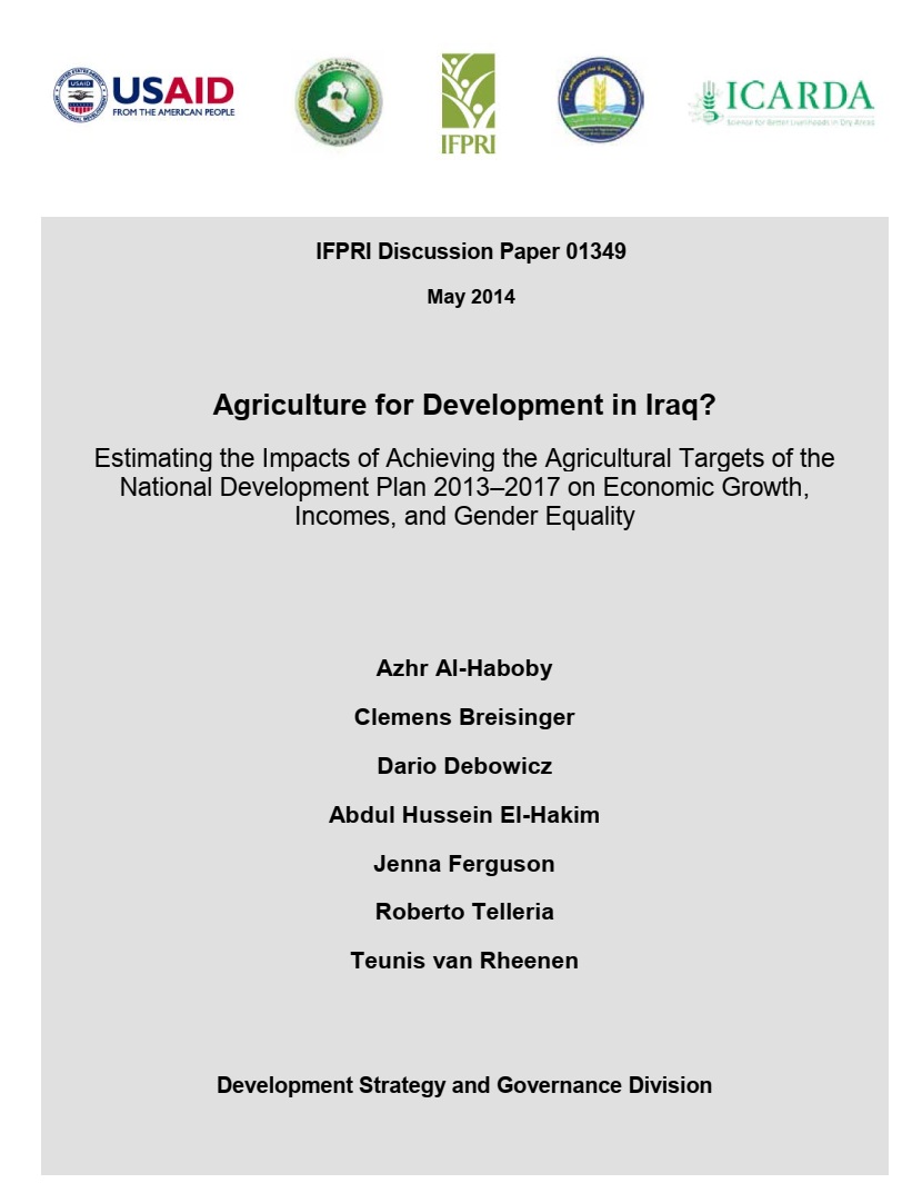 Agriculture for development in Iraq? Estimating the impacts of achieving the agricultural targets of the national development plan 2013-2017 on economic growth, incomes, and gender equality